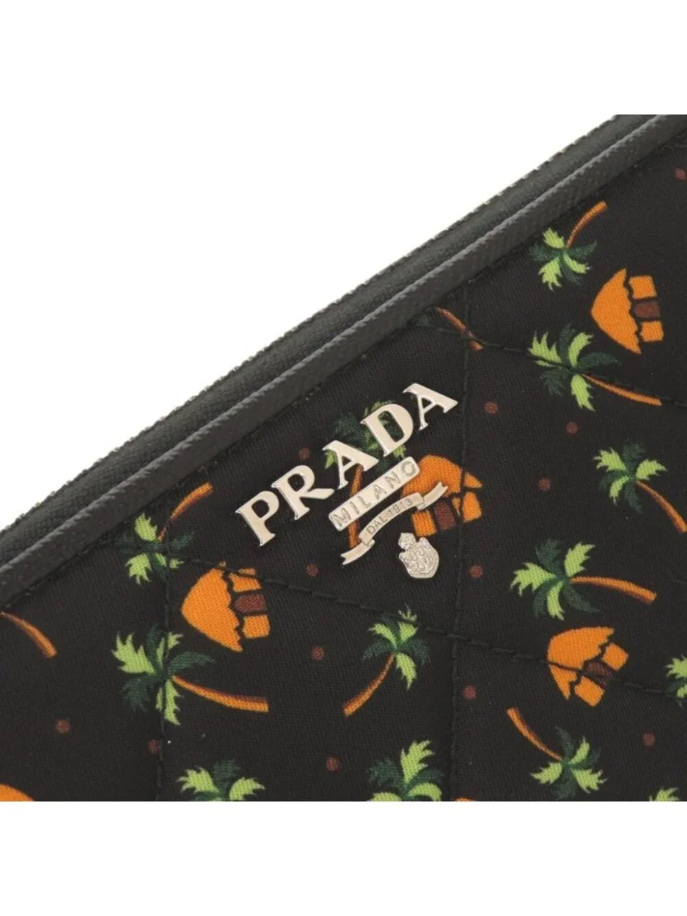 Prada Palm Tree House Nylon Saffiano Leather Black Multicolor Zip Around Wallet